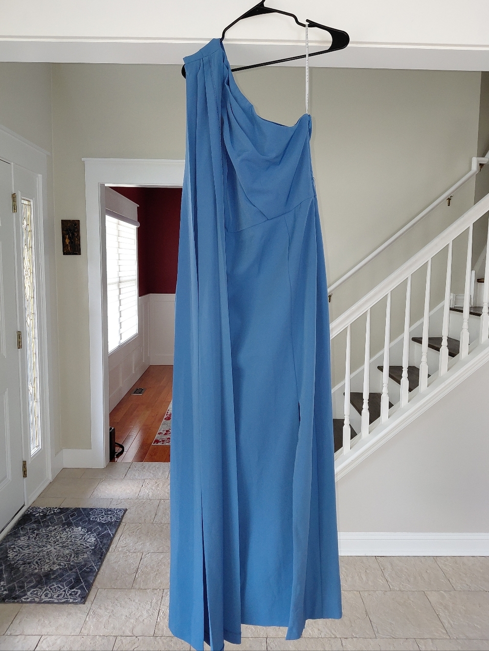 Kay Unger Steel Blue One-Shoulder Gown with Sash – Size 10 - Picture 5 of 15